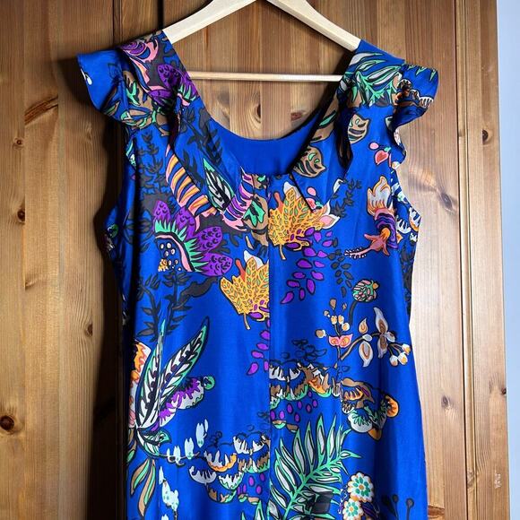 J. Crew Silk Ruffle Tropical Print Dress Women’s 12 Blue Knee Length Resortwear - Picture 4 of 10